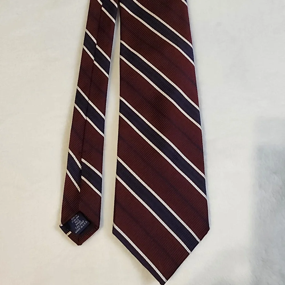 Paul Fredrick Rep Tie Men Classic Burgundy Navy Stripe Italian Silk Made In USA